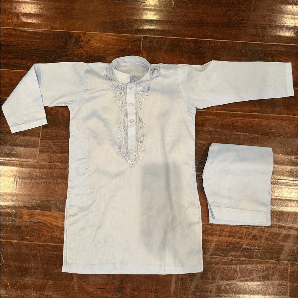 Indian Pakistani Boys/Kids Light Blue Embroidered Kurta Set